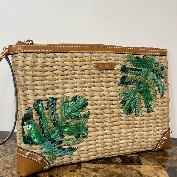 Michael Kors 🏝 MALIBU STRAW ZIP CLUTCH embroidered palm - Picture 7 of 15